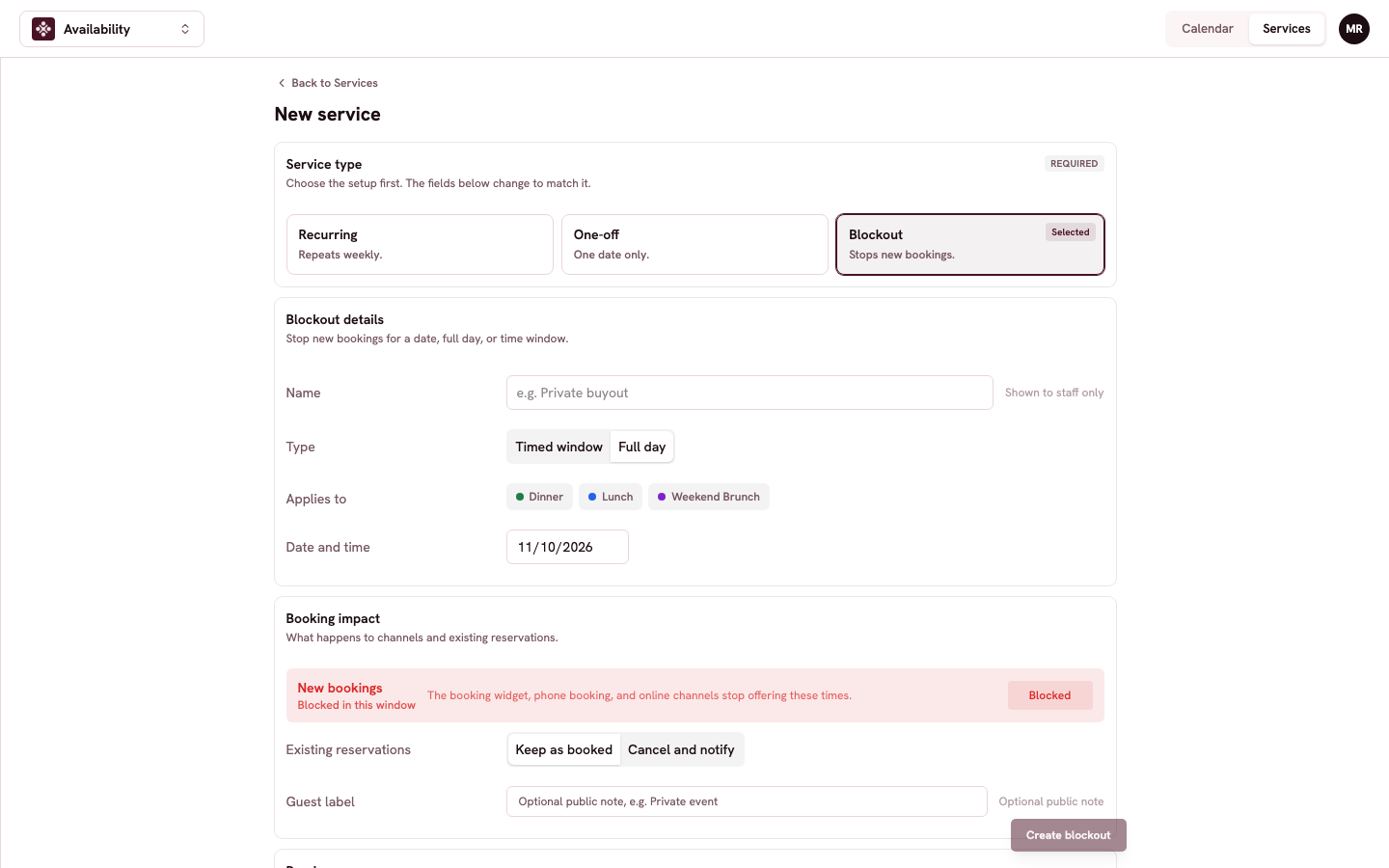 The blockout editor with the details card and booking impact card