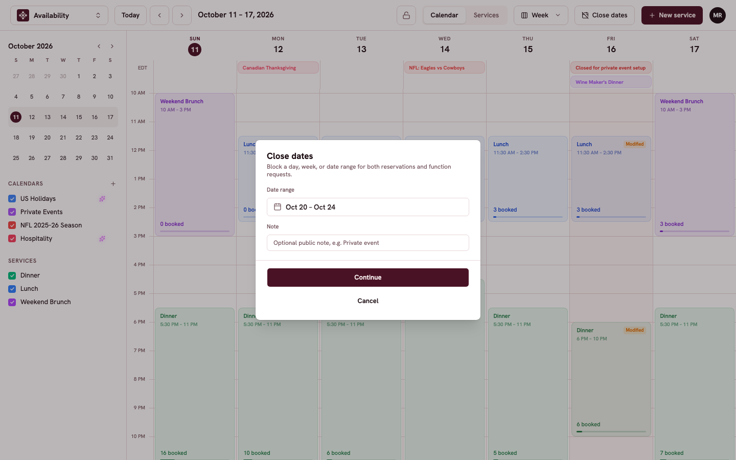 The Close dates window with a date range picked