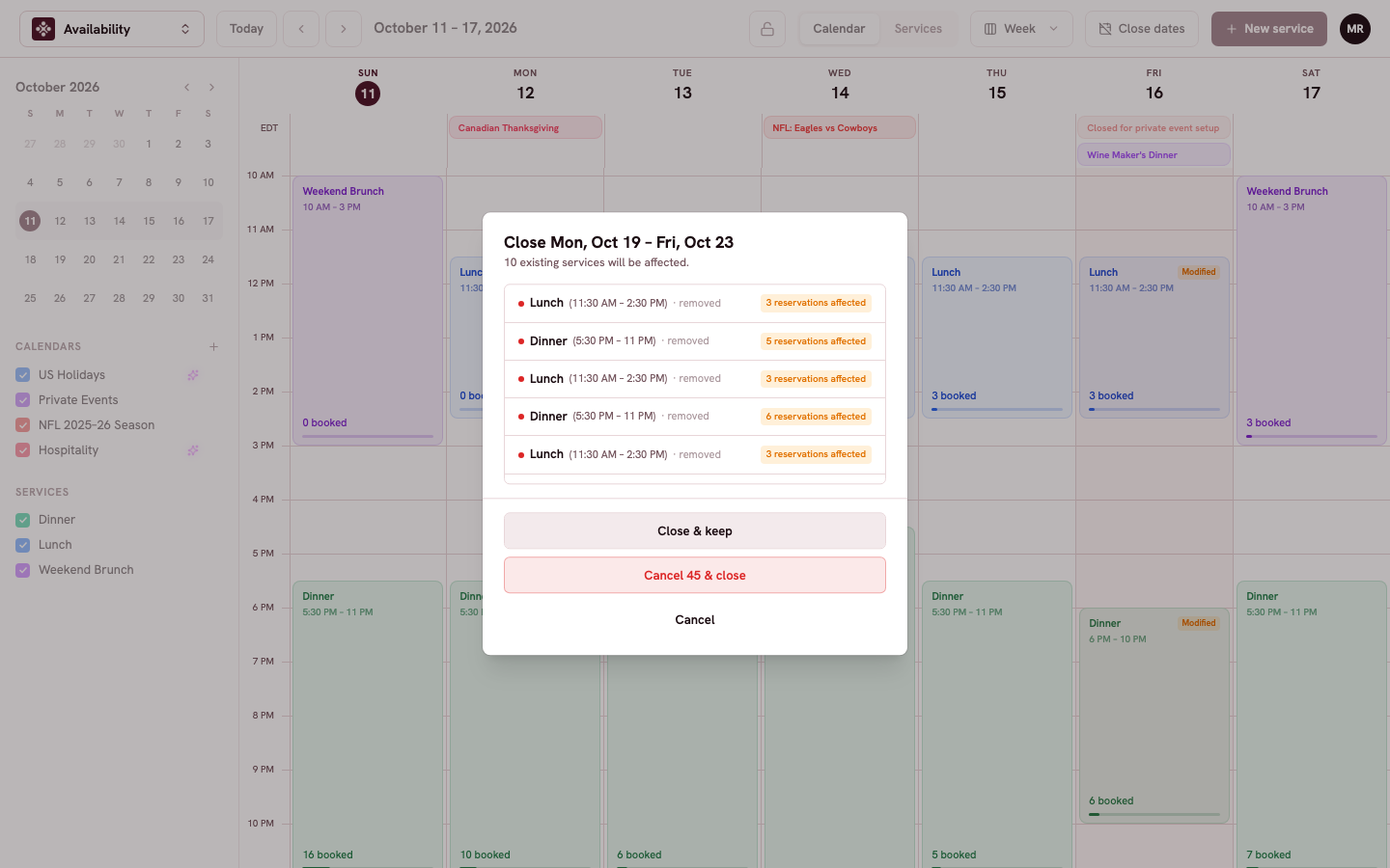The closure review listing affected services with Close & keep and Cancel & close buttons