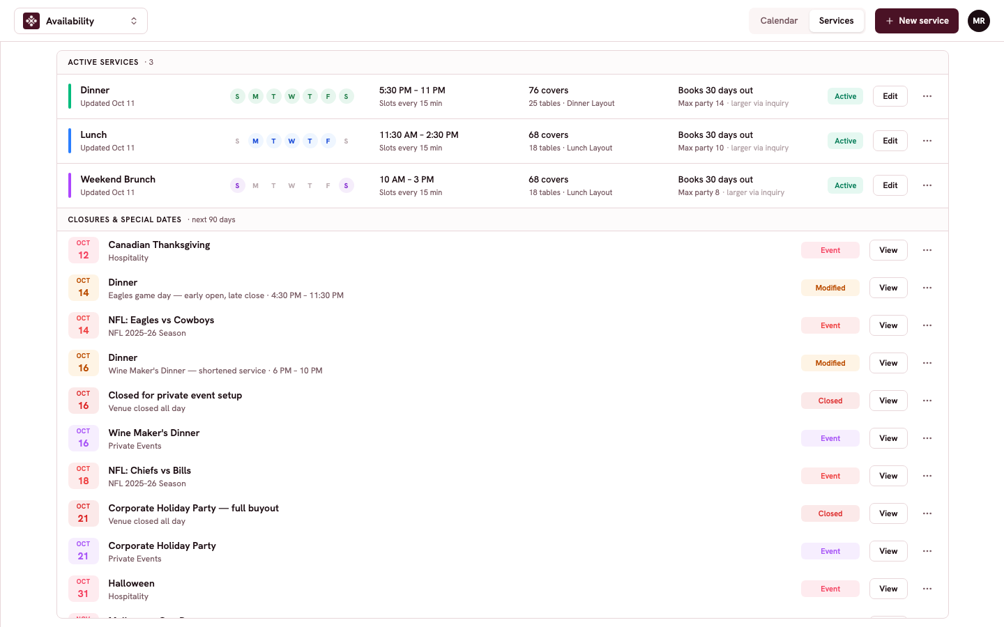The Services tab listing active services with their days, hours, and covers