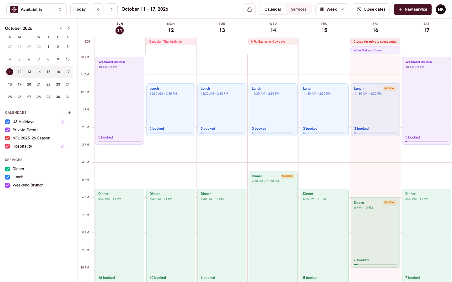 The week view with colored service blocks across the grid and the sidebar on the left