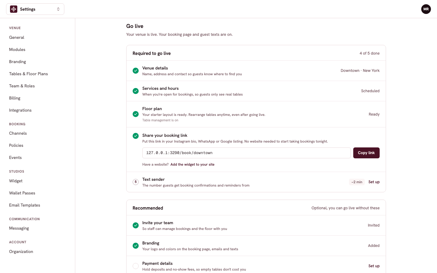 The Go live page with the required checklist and the recommended extras below it