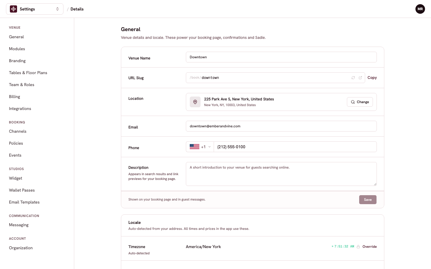 The General settings page with the venue name, URL slug, address, and contact details