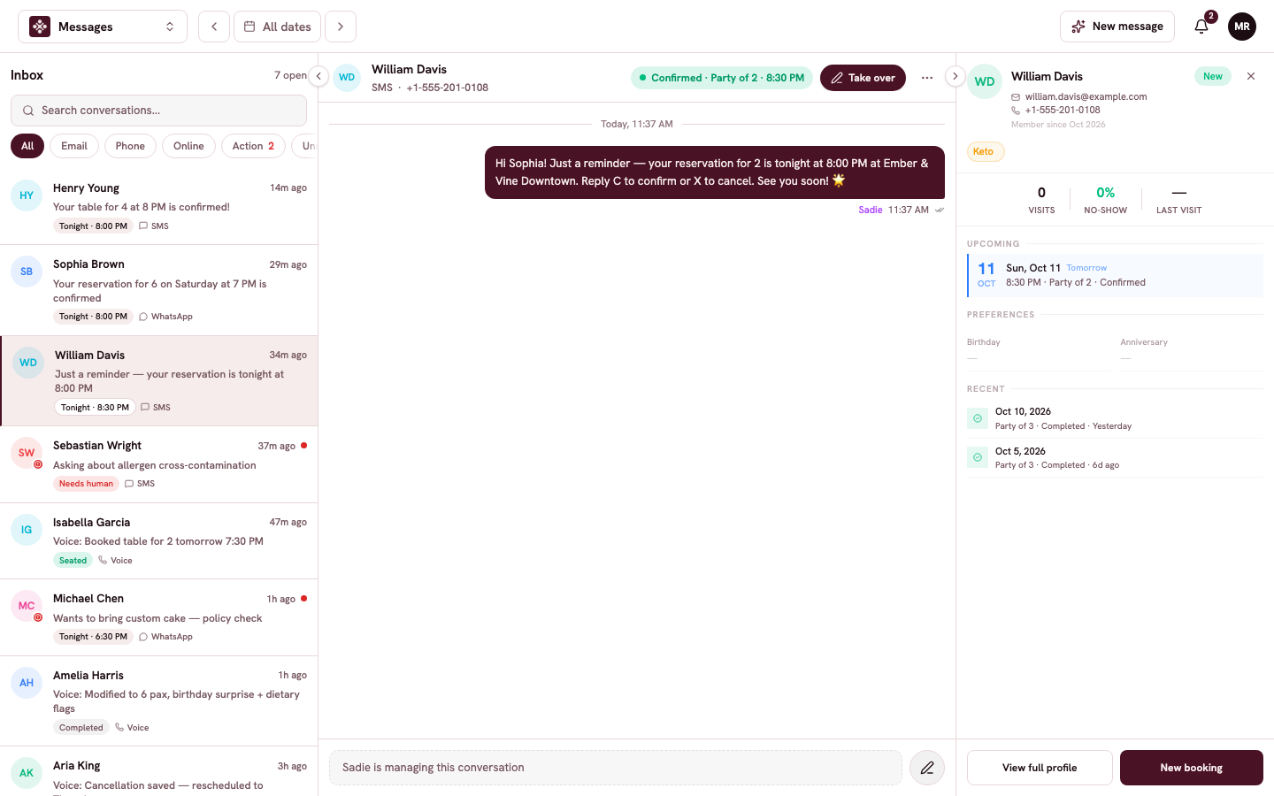 The inbox with a list of conversations, an open thread, and the guest panel