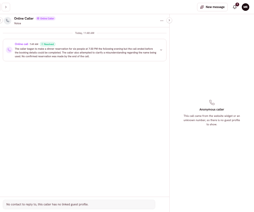 A voice call thread with the call summary card marked Resolved