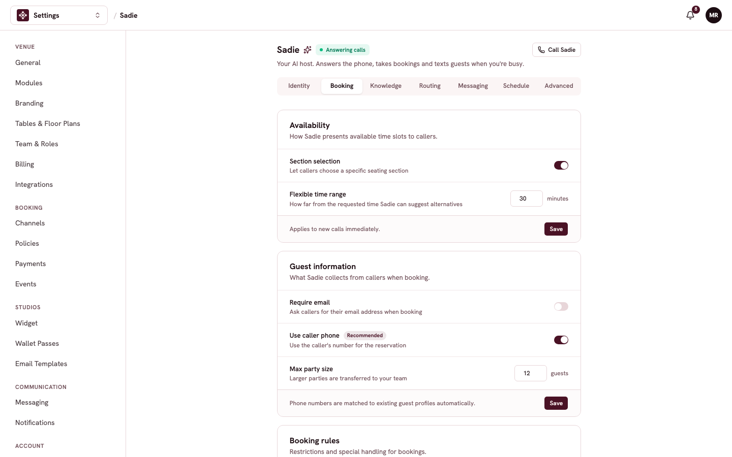 The Booking tab with the availability and guest information cards