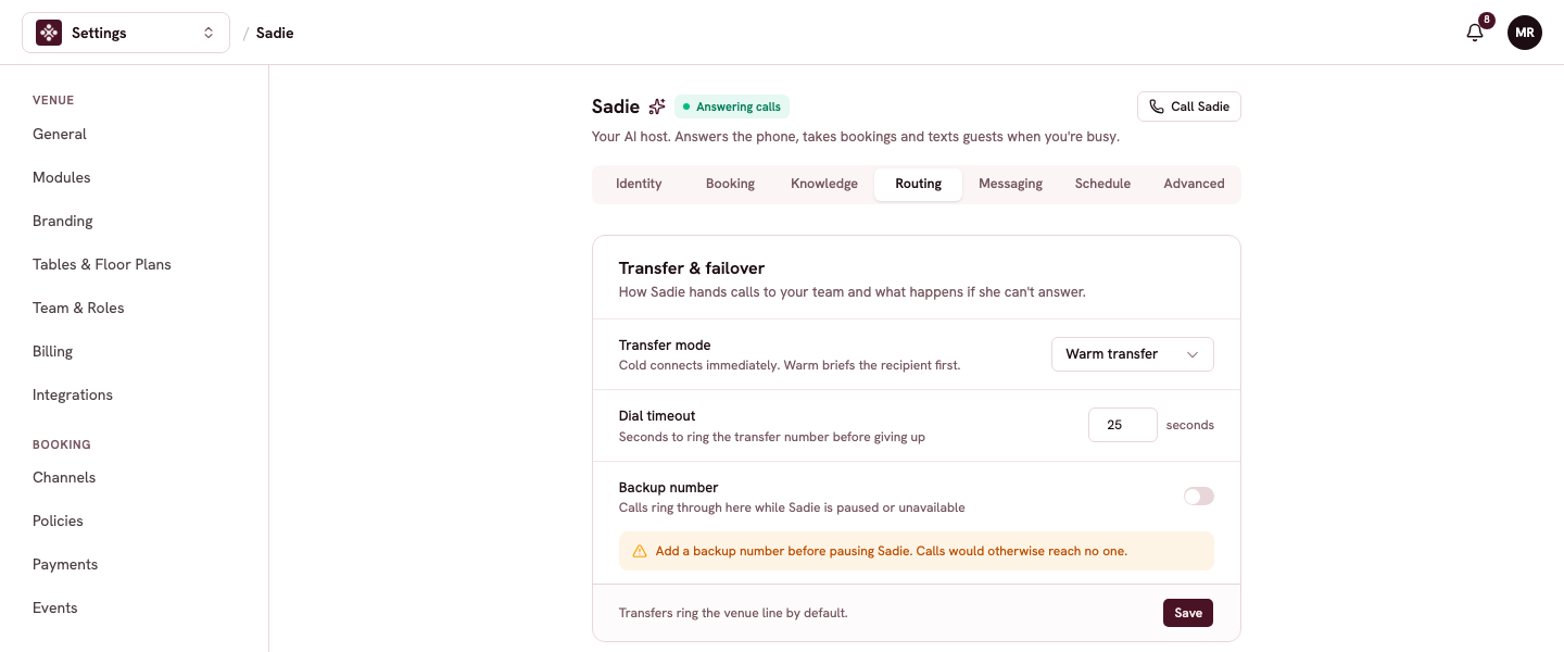 The Routing tab with the transfer mode, dial timeout, and backup number
