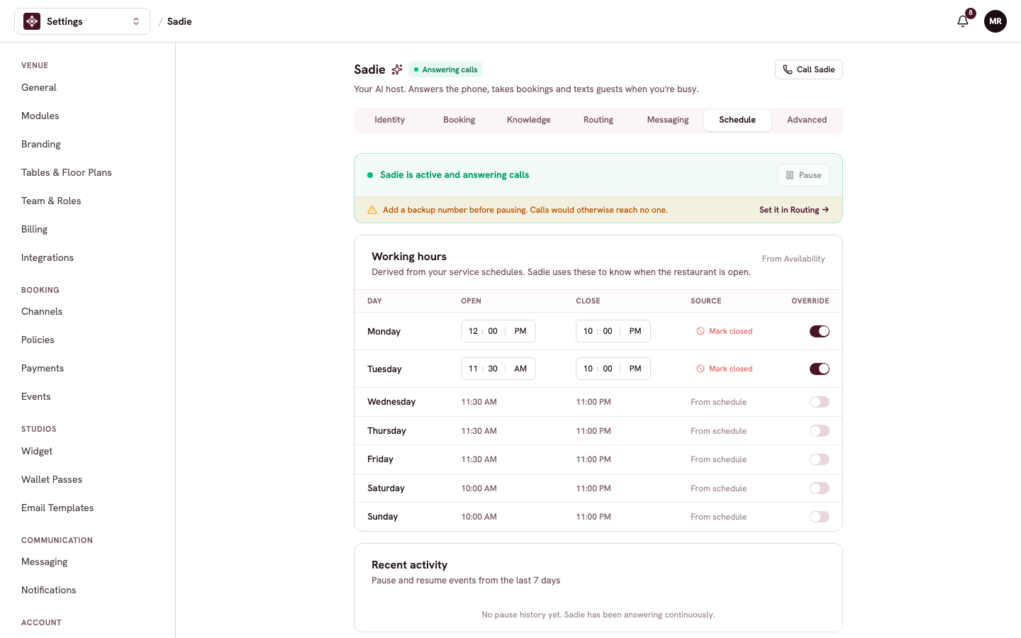 The Schedule tab with the active banner and the working hours table