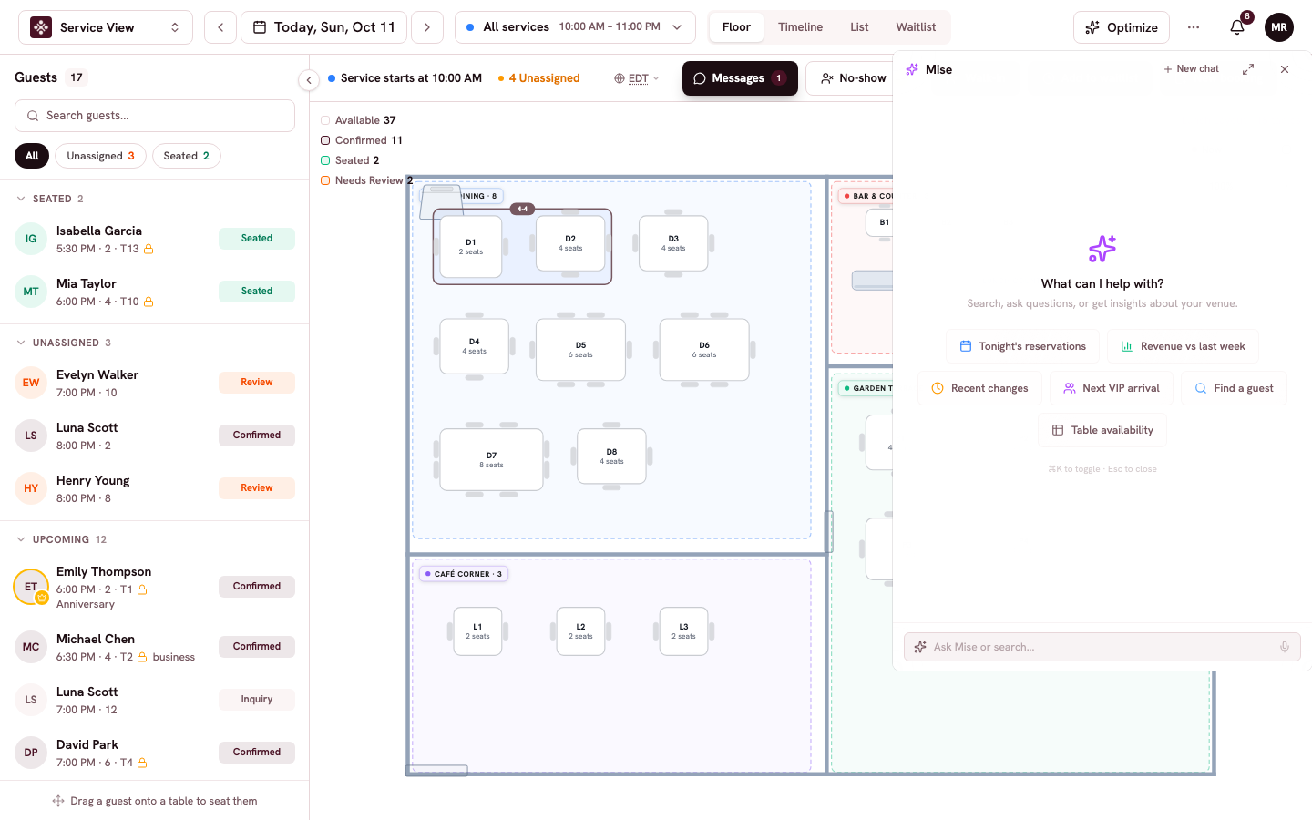 The Mise panel open over the Service view with suggestion chips