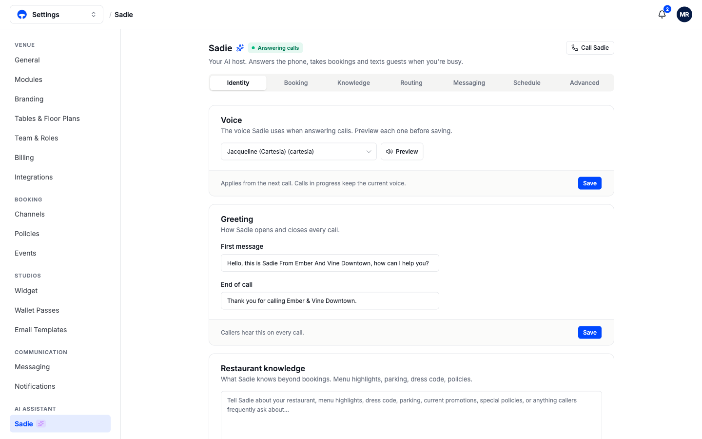 The Sadie settings page with the status badge, the Call Sadie button, and the seven tabs