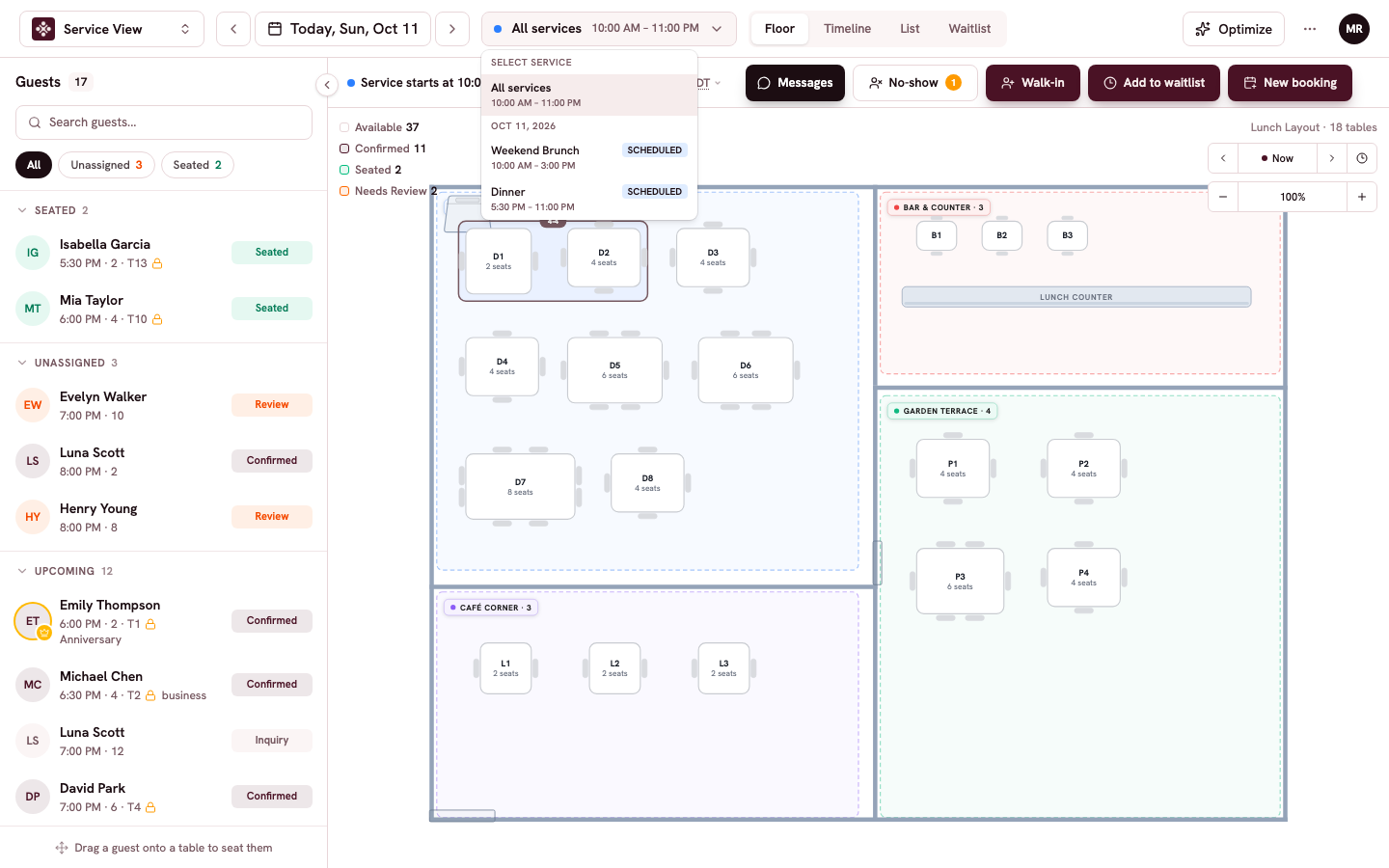 The service picker open with All services on top and each service badged DONE or SCHEDULED