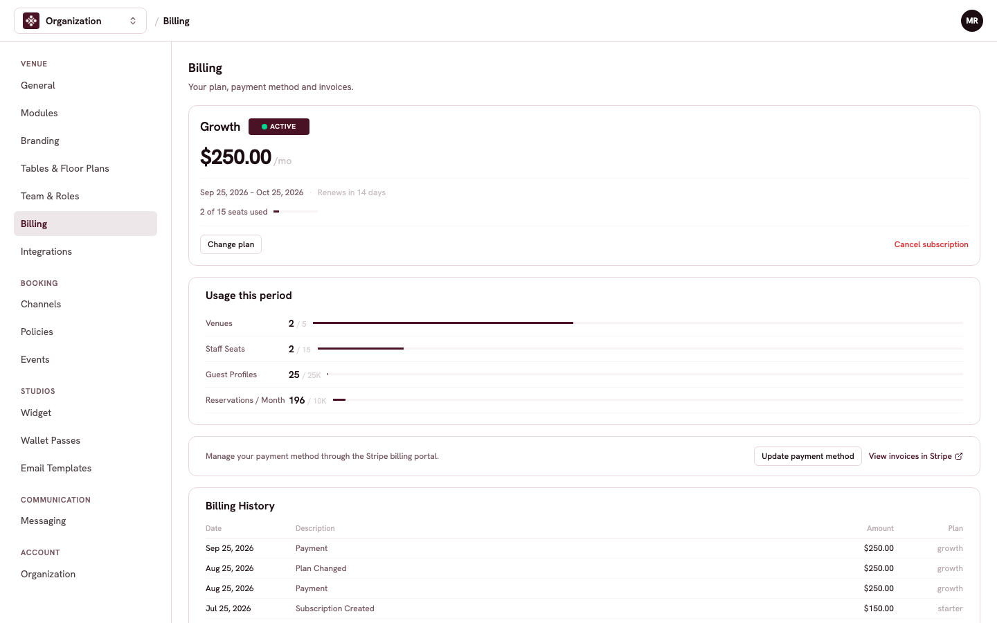 The Billing page with the plan card, the usage meters, and the billing history