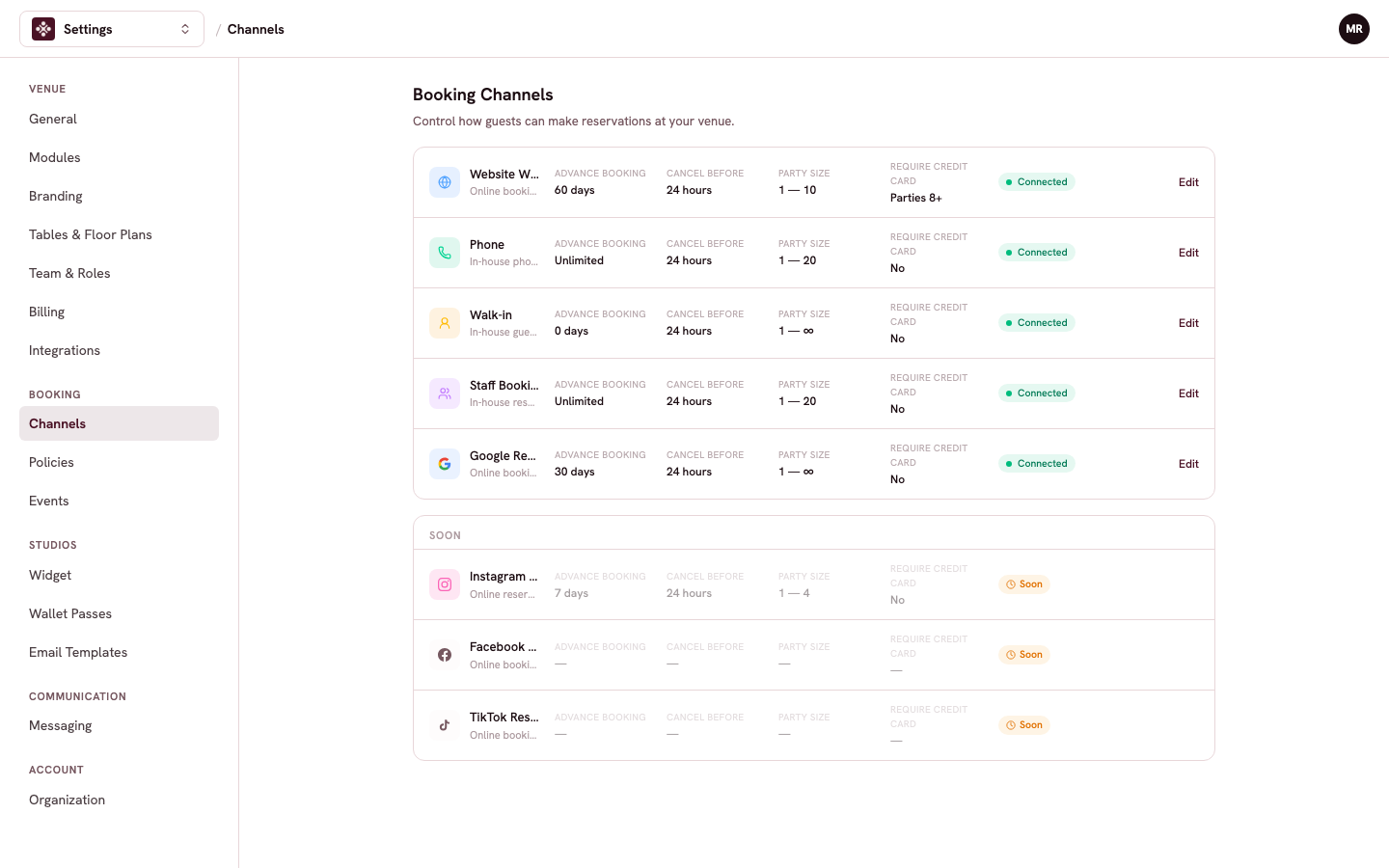 The Booking Channels page listing each channel with its advance window, cancel window, and party size