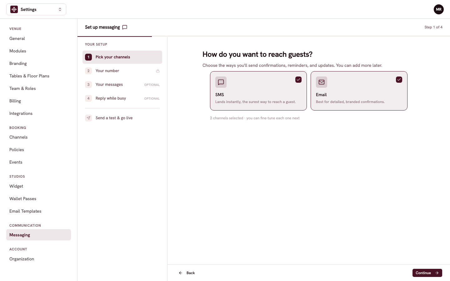 The messaging setup with the channel choice between SMS and Email