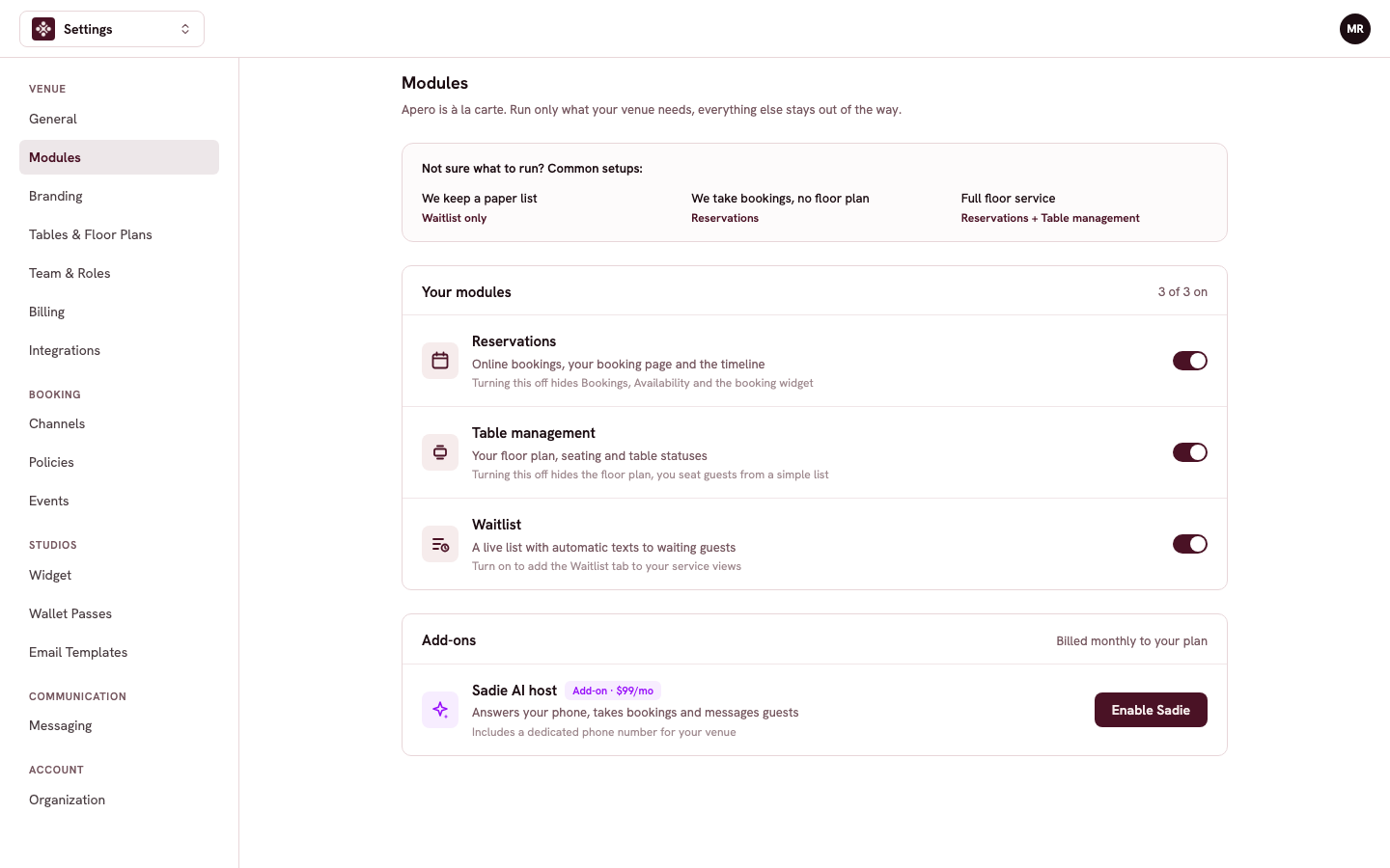 The Modules page with the three module switches and the Sadie add-on below them
