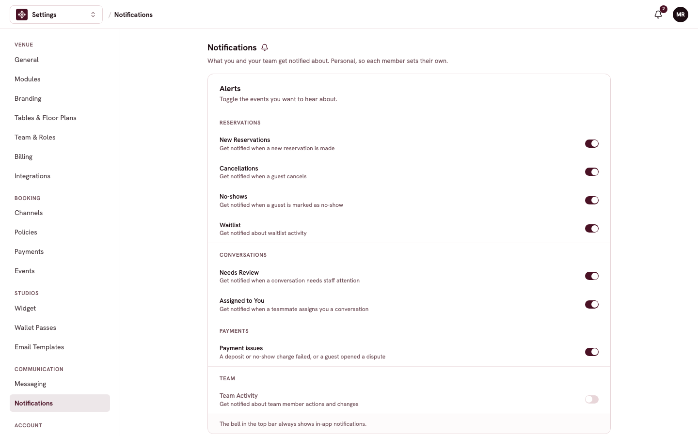 The Notifications page with per-event switches grouped by reservations, conversations, payments, and team